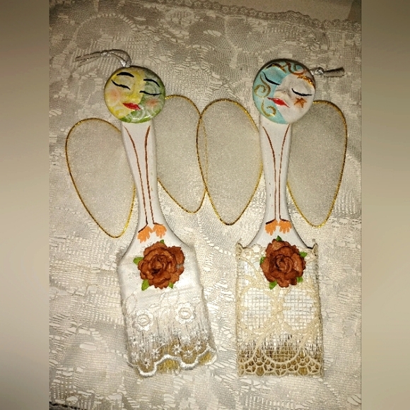 Other - Handmade and handpainted ceramic folk art lace paintbrush angel ornaments